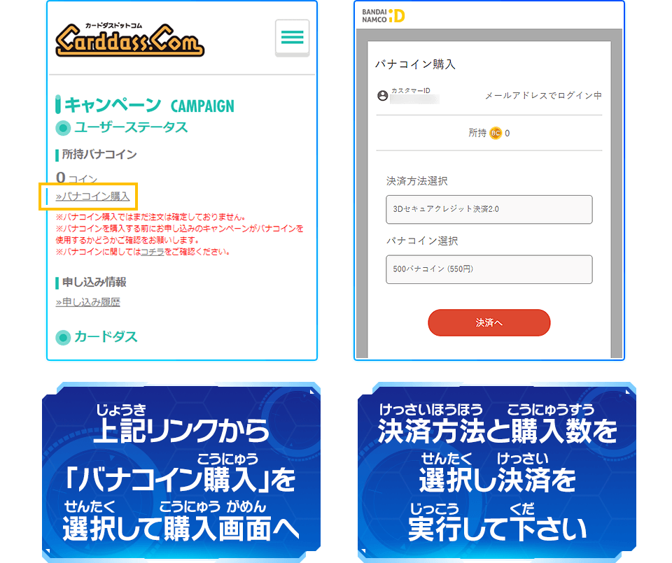 バナコインでの決済をご希望の方は事前に必要数のバナコインを取得した上でご応募ください。