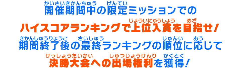 開催期間中の限定ミッションでのハイスコアランキングで上位入賞を目指せ！期間終了後の最終ランキングの順位に応じて決勝大会への出場権利を獲得！