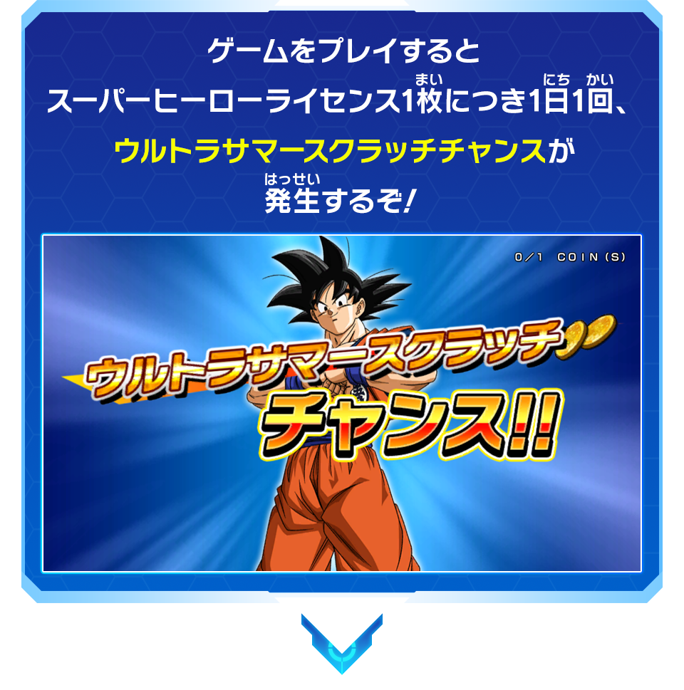 ゲームをプレイするとスーパーヒーローライセンス1枚につき1日1回、ウルトラサマースクラッチチャンスが発生するぞ!