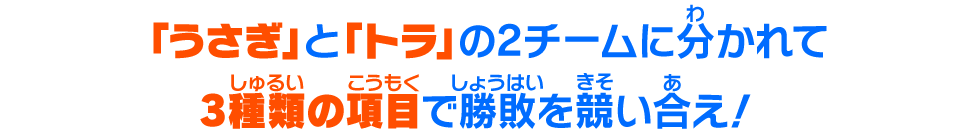 「うさぎ」と「トラ」の2チームに分かれて3種類の項目で勝敗を競い合え！