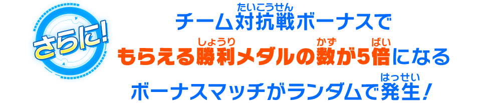 チーム対抗戦ボーナスでもらえる勝利メダルの数が5倍になるボーナスマッチがランダムで発生！