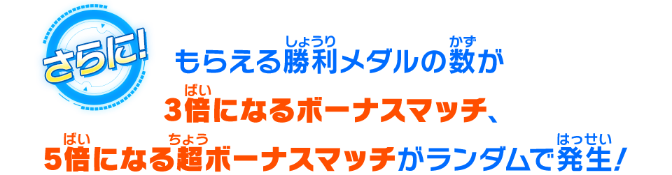 もらえる勝利メダルの数が3倍になるボーナスマッチ、5倍になる超ボーナスマッチがランダムで発生！