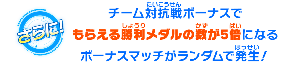 チーム対抗戦ボーナスでもらえる勝利メダルの数が5倍になるボーナスマッチがランダムで発生!