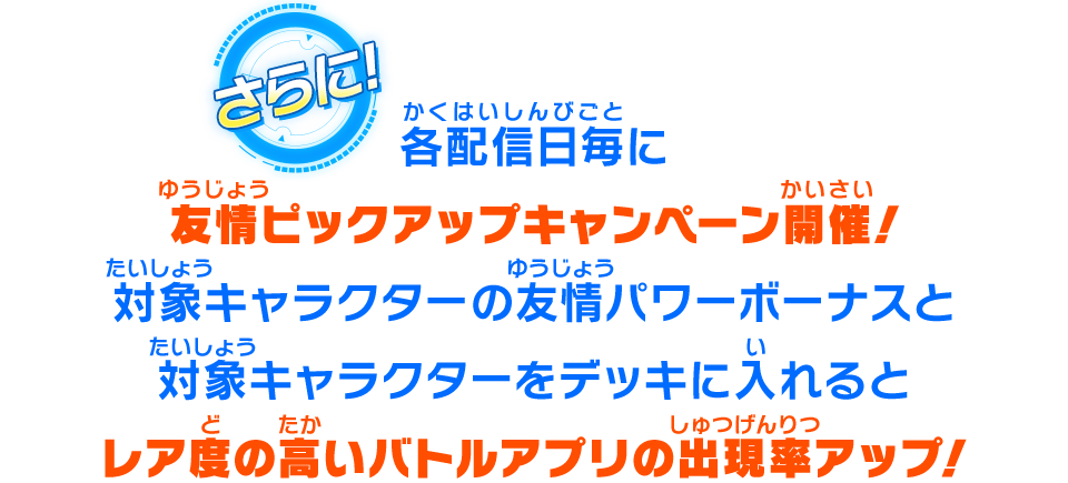 各配信日毎に友情ピックアップキャンペーン開催！対象キャラクターの友情パワーボーナスと対象キャラクターをデッキに入れるとレア度の高いバトルアプリの出現率アップ！