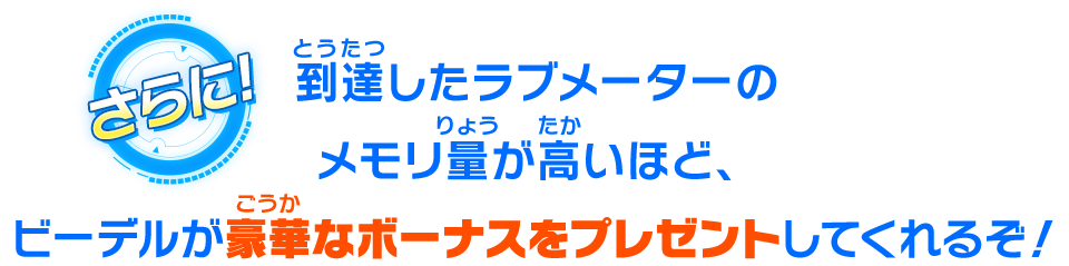 到達したラブメーターのメモリ量が高いほど、ビーデルが豪華なボーナスをプレゼントしてくれるぞ！