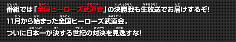 番組中には「全国ヒーローズ武道会」の決勝戦も生放送でお届けするぞ！