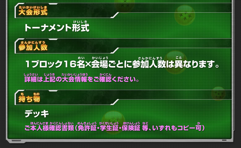大会情報 大会形式、参加人数、持ち物
