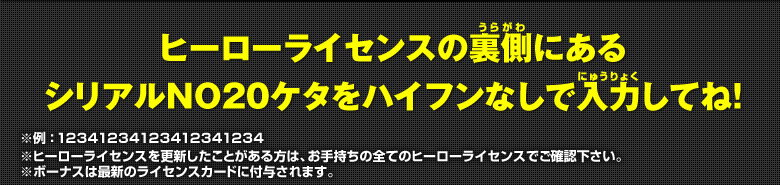 ヒーローライセンスの裏側にあるシリアルN０20ケタをハイフンなしで入力してね