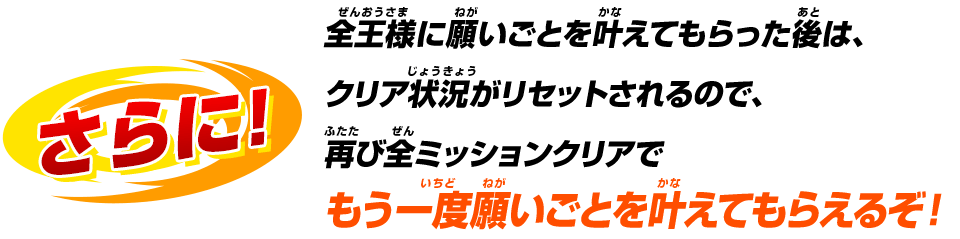 全王様に願いごとを叶えてもらった後は、クリア状況がリセットされるので、再び全ミッションクリアでもう一度願いごとを叶えてもらえるぞ！