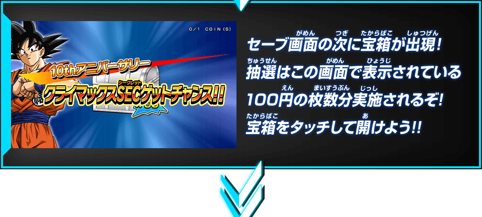 セーブ画面の次に宝箱が出現！抽選はこの画面で表示されている100円の枚数分実施されるぞ!宝箱をタッチして開けよう!!