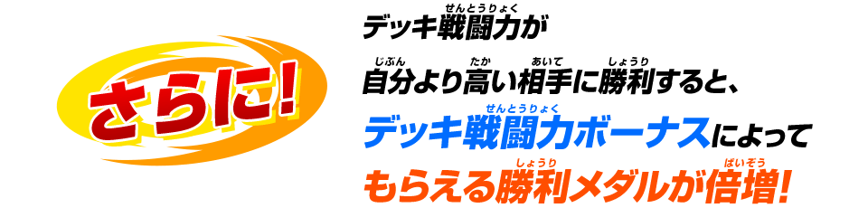 さらに！デッキ戦闘力が自分より高い相手に勝利すると、デッキ戦闘力ボーナスによってもらえる勝利メダルが倍増!