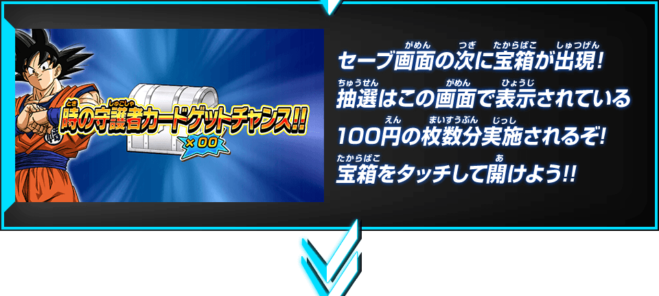 セーブ画面の次に宝箱が出現!抽選はこの画面で表示されている100円の枚数分実施されるぞ!宝箱をタッチして開けよう!!