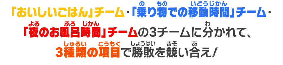 「おいしいごはん」チーム・「乗り物での移動時間」チーム・「夜のお風呂時間」チームの3チームに分かれて3種類の項目で勝敗を競い合え！