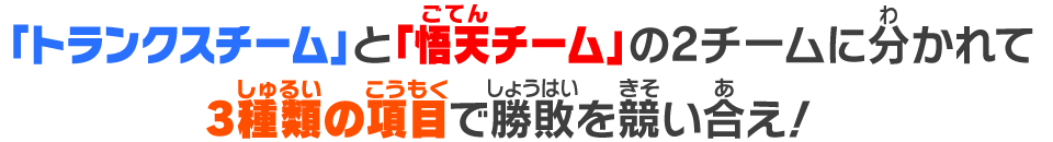 「トランクスチーム」と「悟天チーム」の2チームに分かれて3種類の項目で勝敗を競い合え！